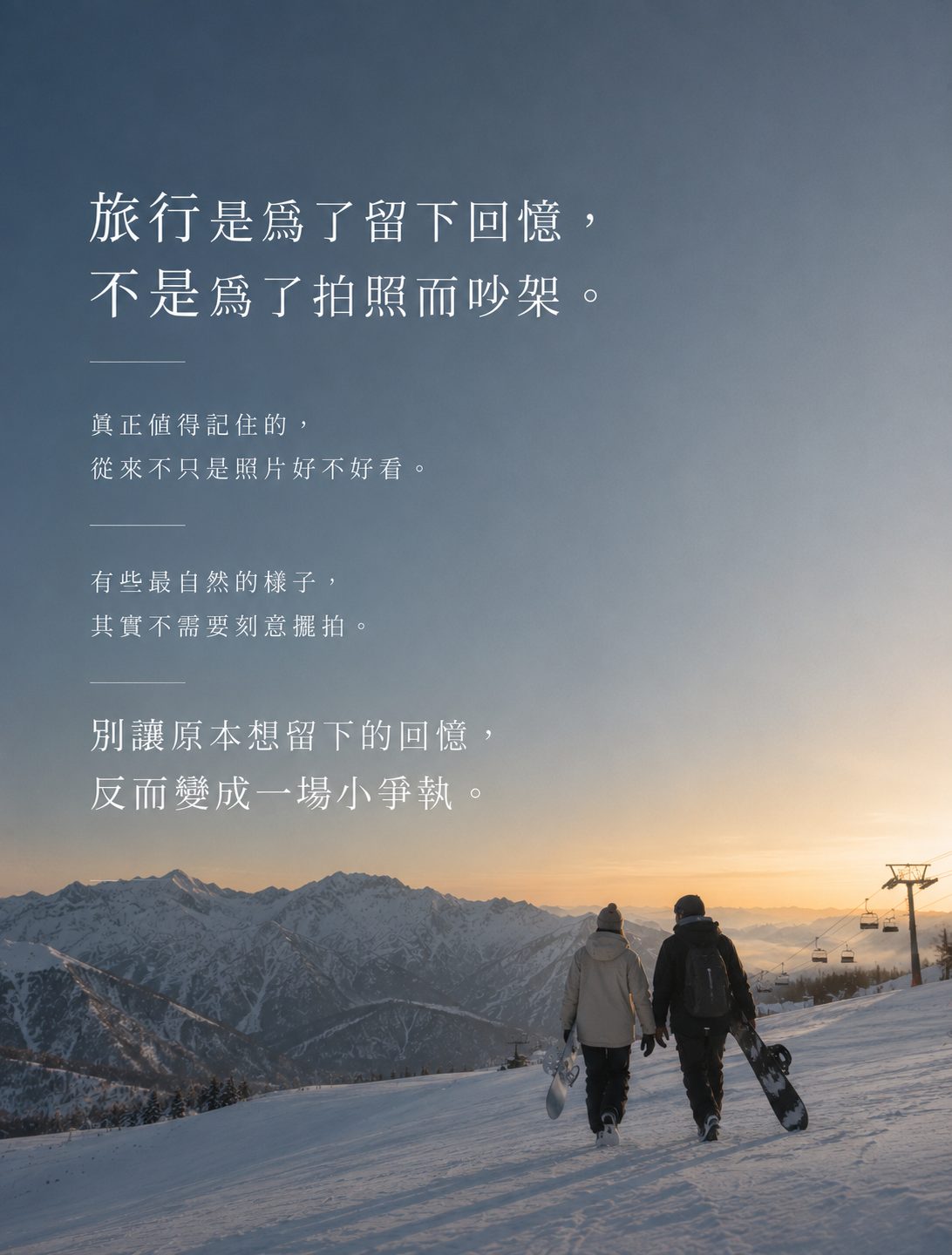 COUPLE｜旅行是為了留下回憶，不是為了拍照而吵架。情侶拿著雪板走在夕陽雪道上