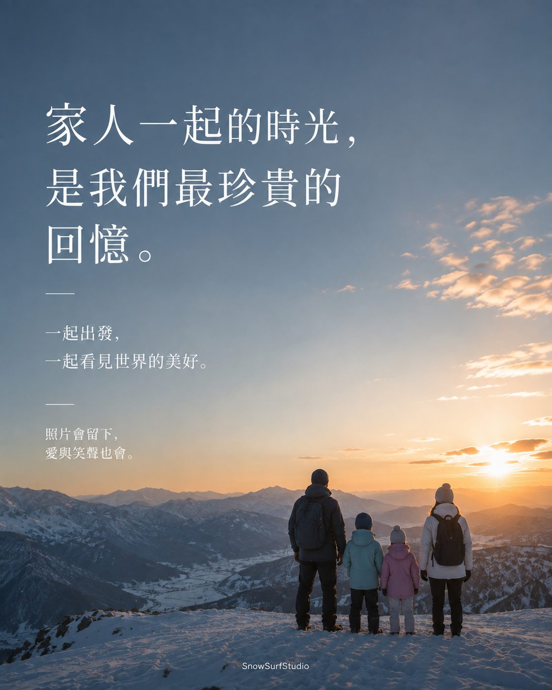FAMILY｜家人一起的時光，是我們最珍貴的回憶。一家四口站在雪山上看夕陽