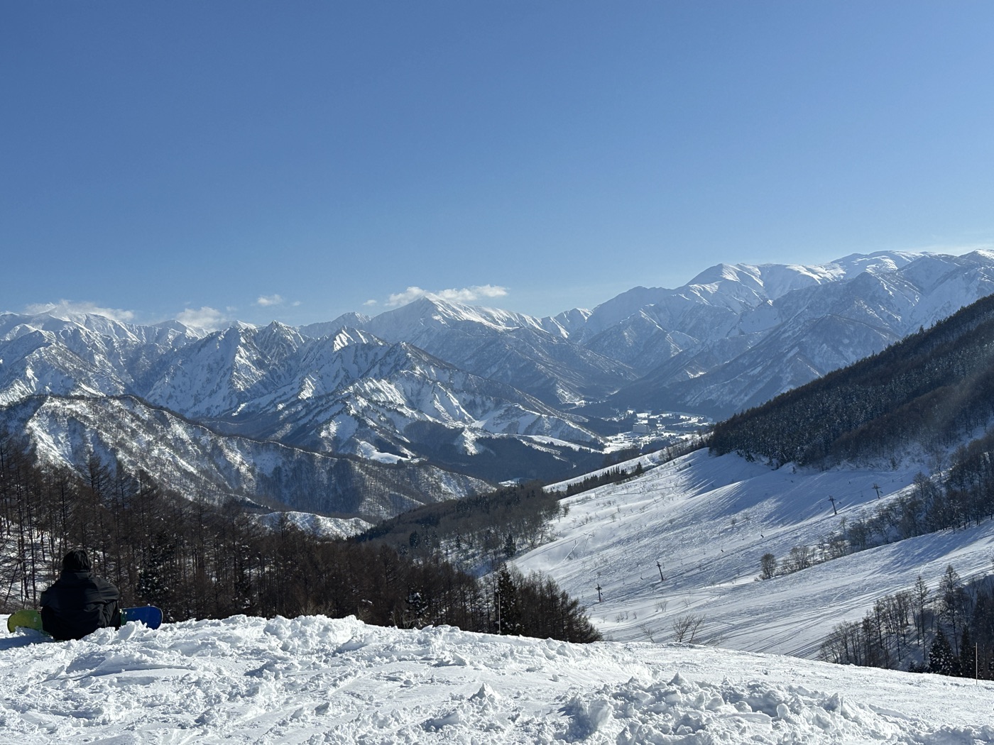 眺望雪山稜線，滑雪板置於雪地